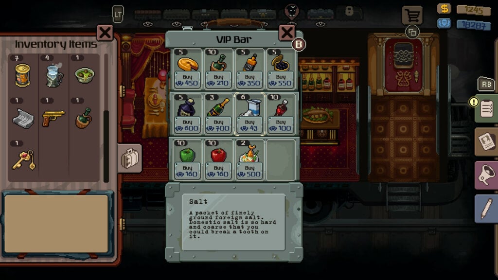 Epic Games 手機版限時免費領取《旁觀者:列車長》,在極權國度的列車上決定乘客命運 5 Beholder: Conductor 遊戲畫面:VIP 酒吧購物與道具欄