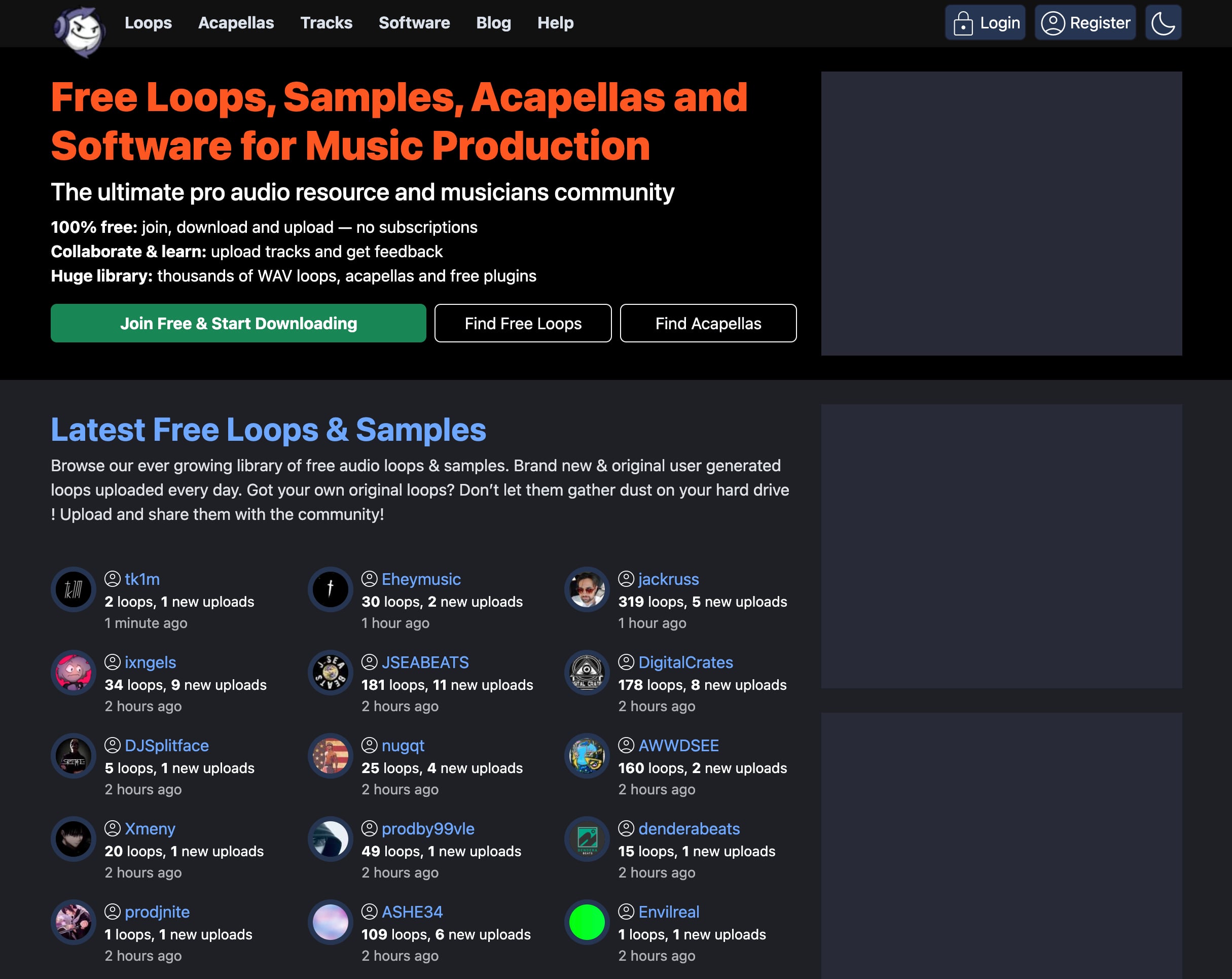 Looperman 免費 loop 與人聲素材平台首頁，音樂創作者常用資源