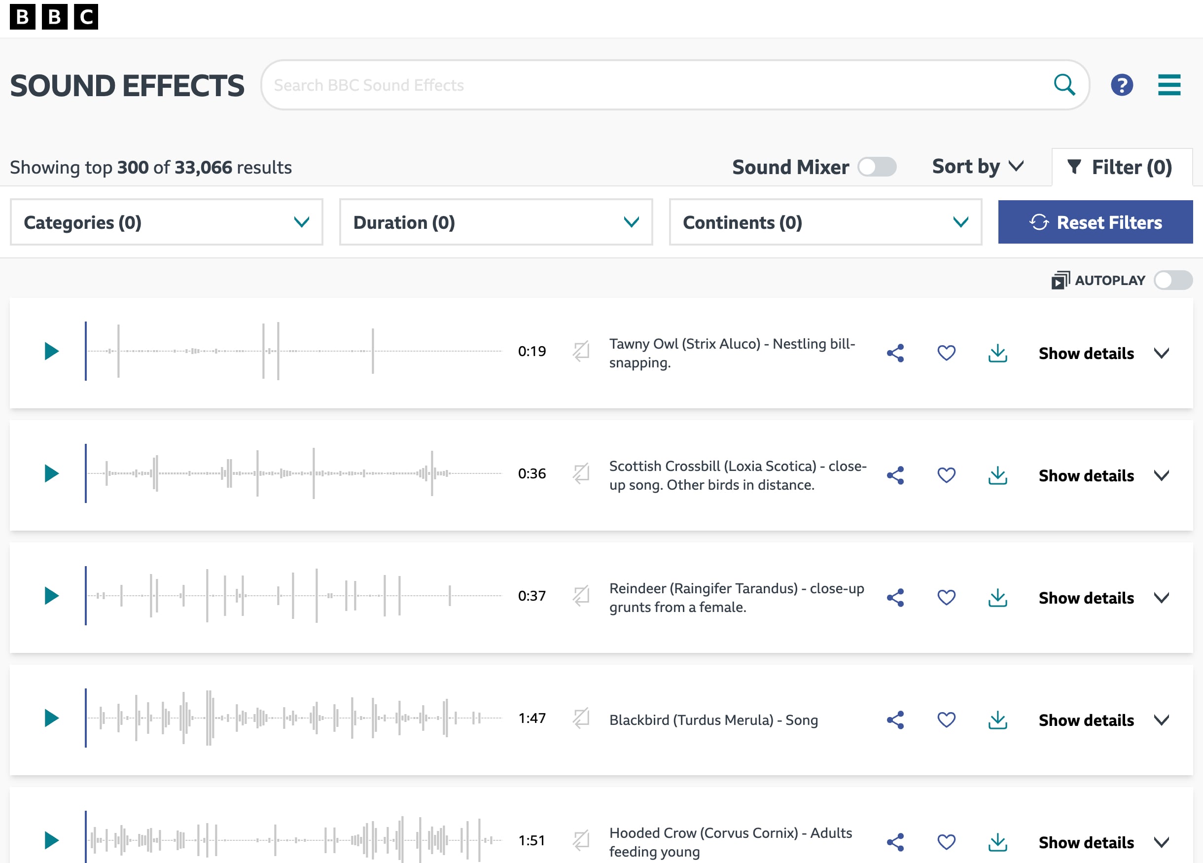 BBC Sound Effects 音效資料庫首頁，收錄超過三萬種 BBC 實地錄音