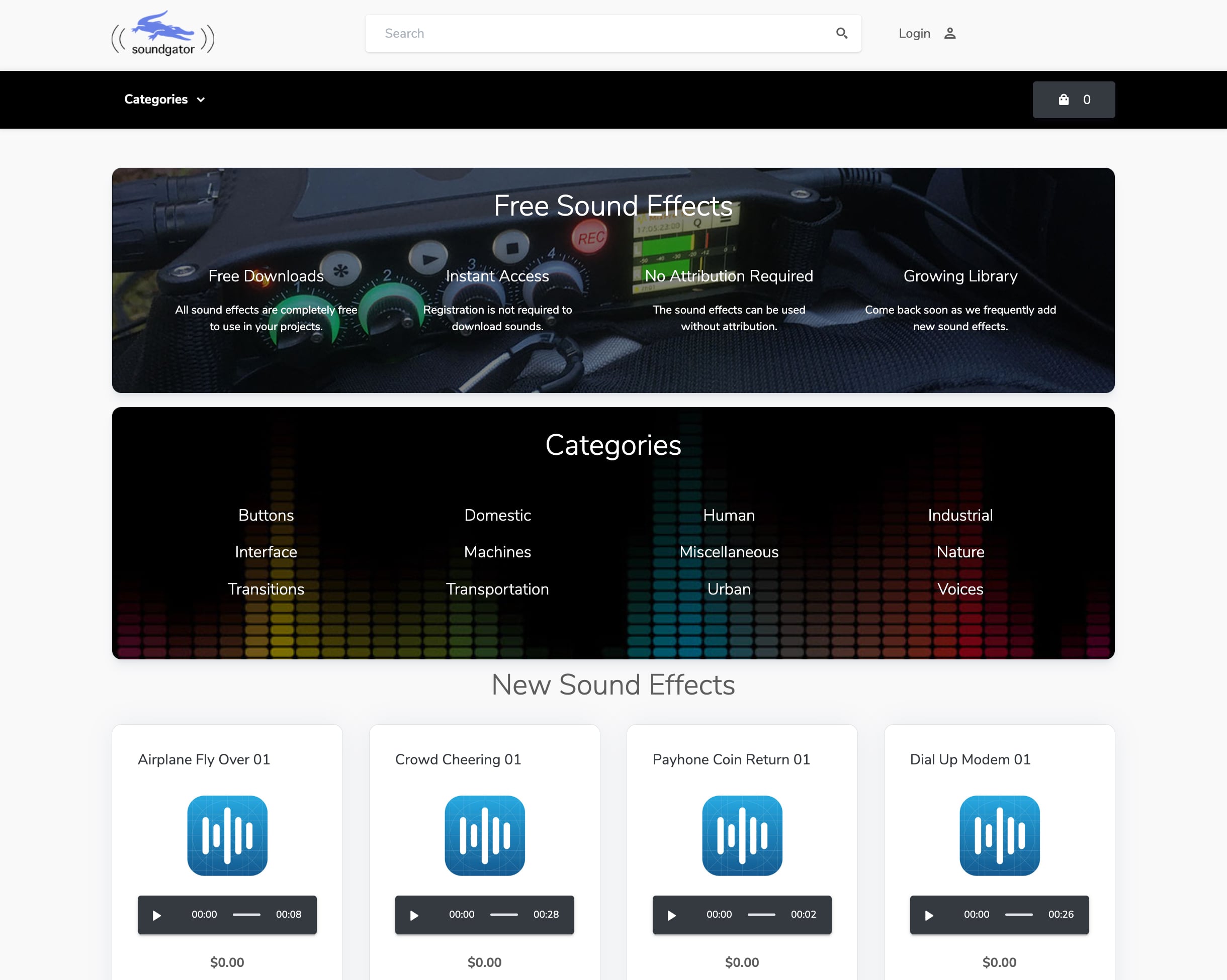 SoundGator 免費音效庫首頁，免註冊即可下載 MP3 與 WAV 音效素材