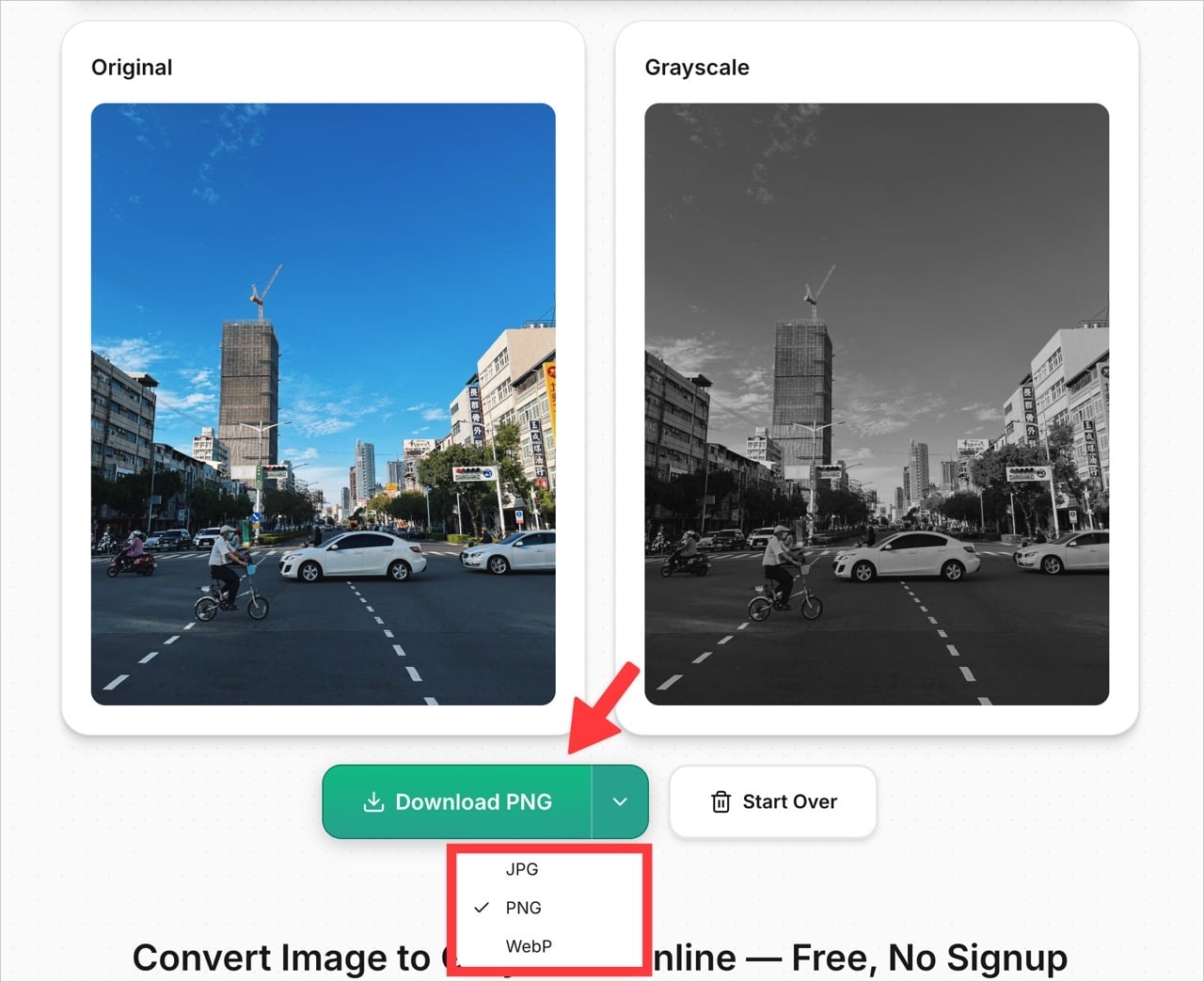 以 PNG、JPG 或 WebP 格式下載轉換後的圖片
