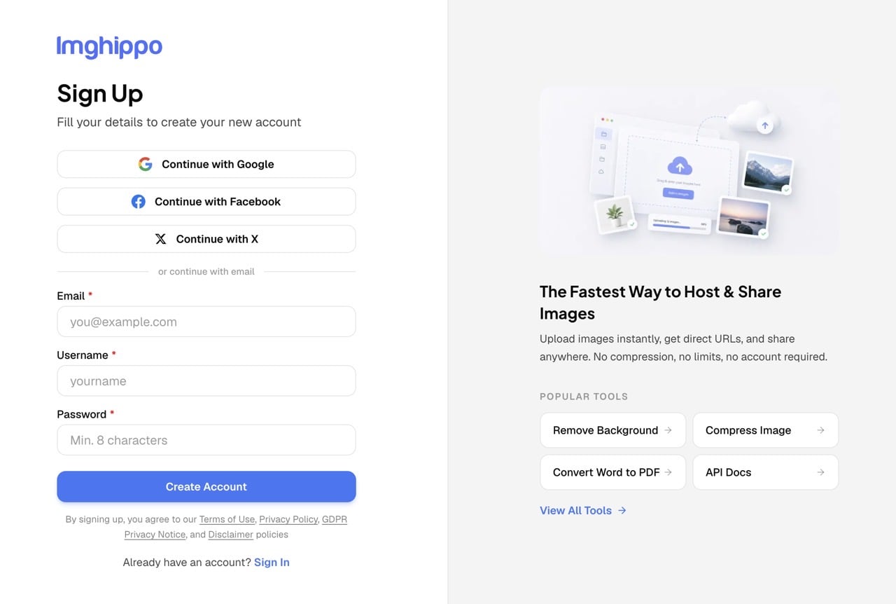 Imghippo 註冊頁面提供 Google、Facebook 與 X 帳號登入