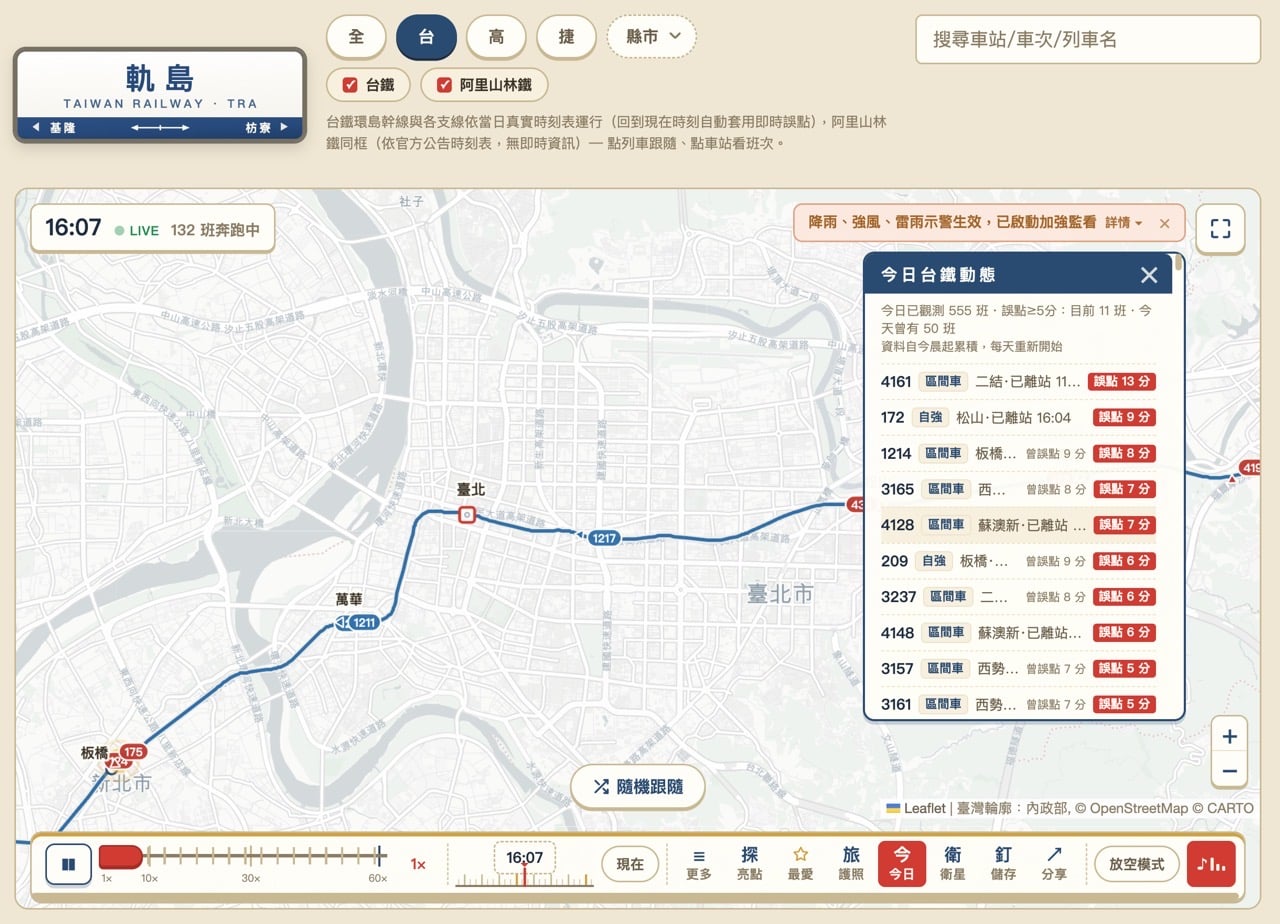 軌島 RailIsland：台灣鐵道即時動態地圖，看台鐵高鐵捷運此刻跑到哪