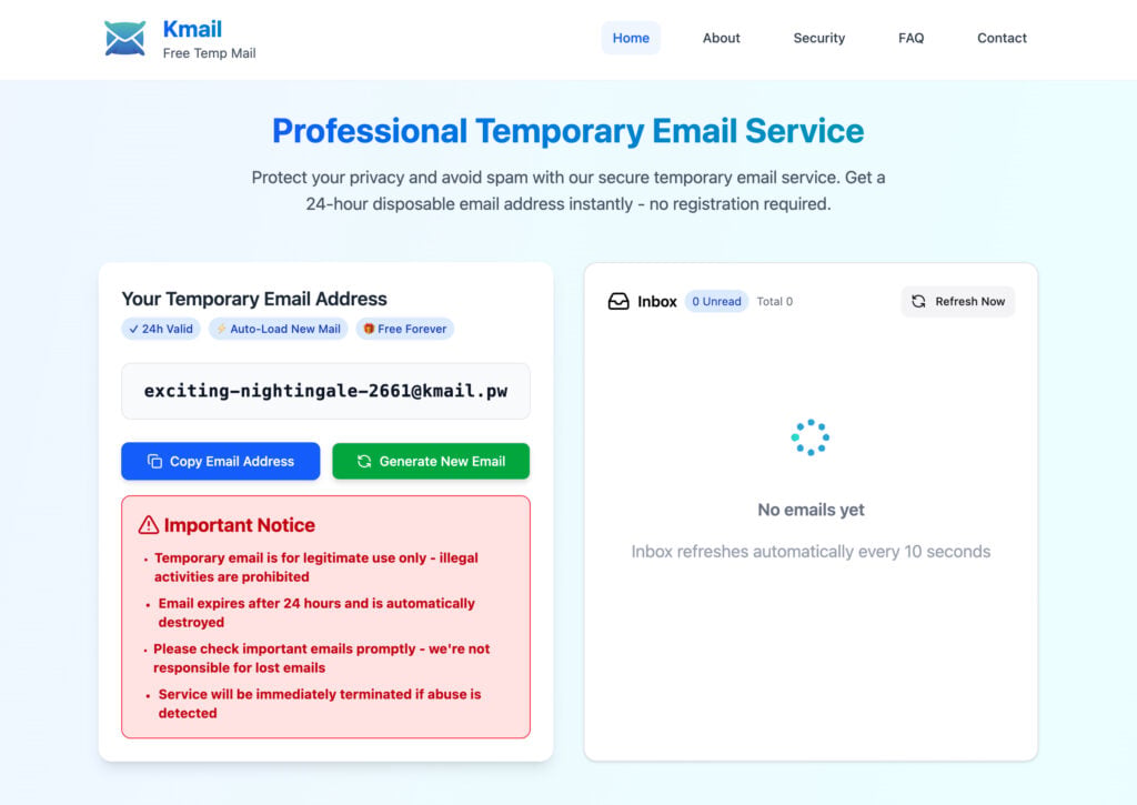 Kmail 臨時信箱操作介面，隨機產生的 Email 地址與收件匣