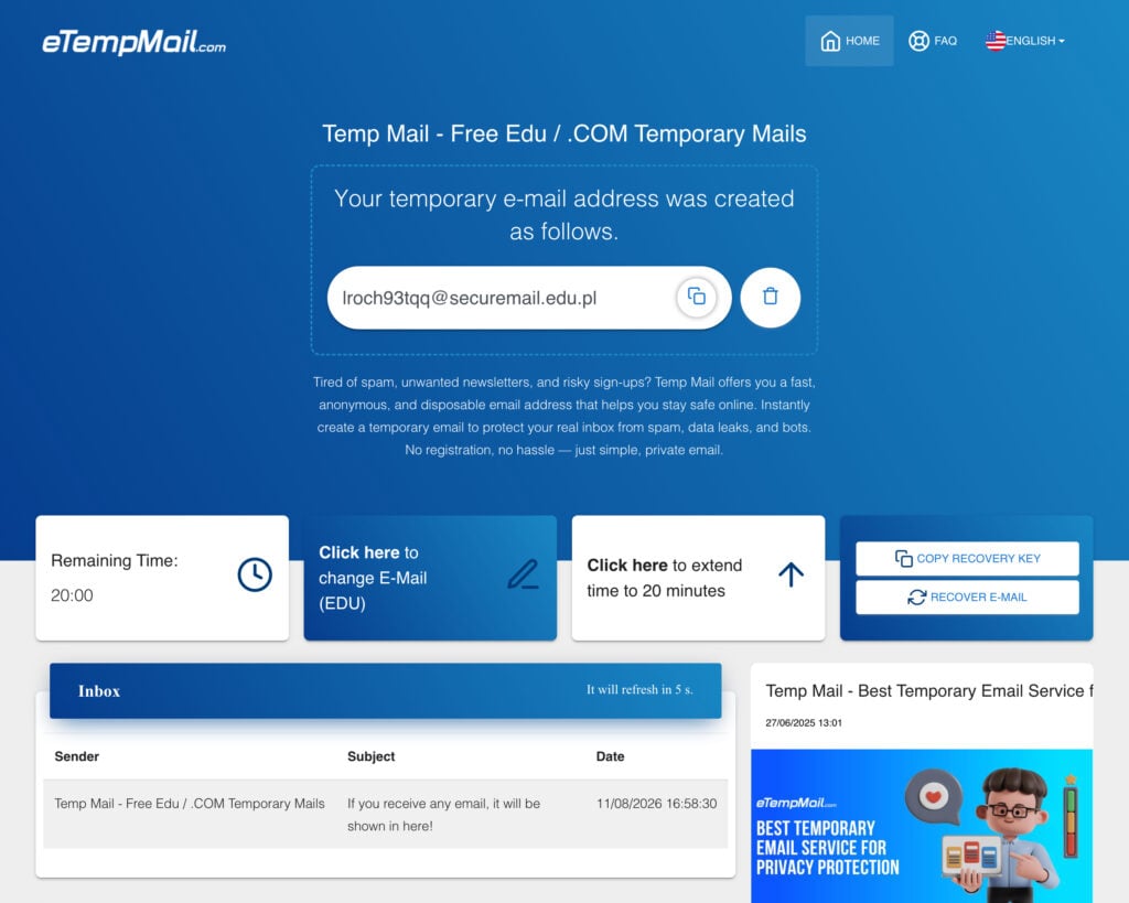 eTempMail 臨時信箱操作介面，隨機產生的 Email 地址與收件匣