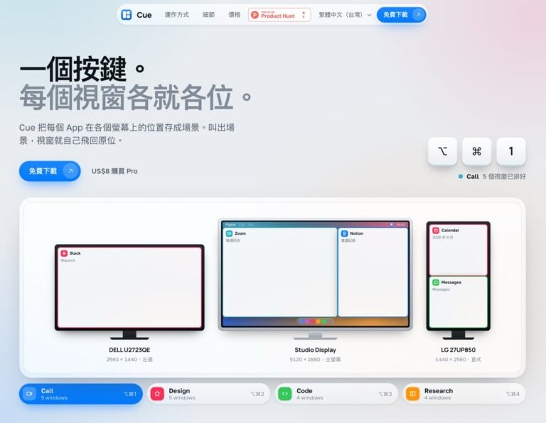 Cue for Mac 限時免費送 Pro 終身版！macOS 多螢幕視窗場景管理工具，原價 8 美元
