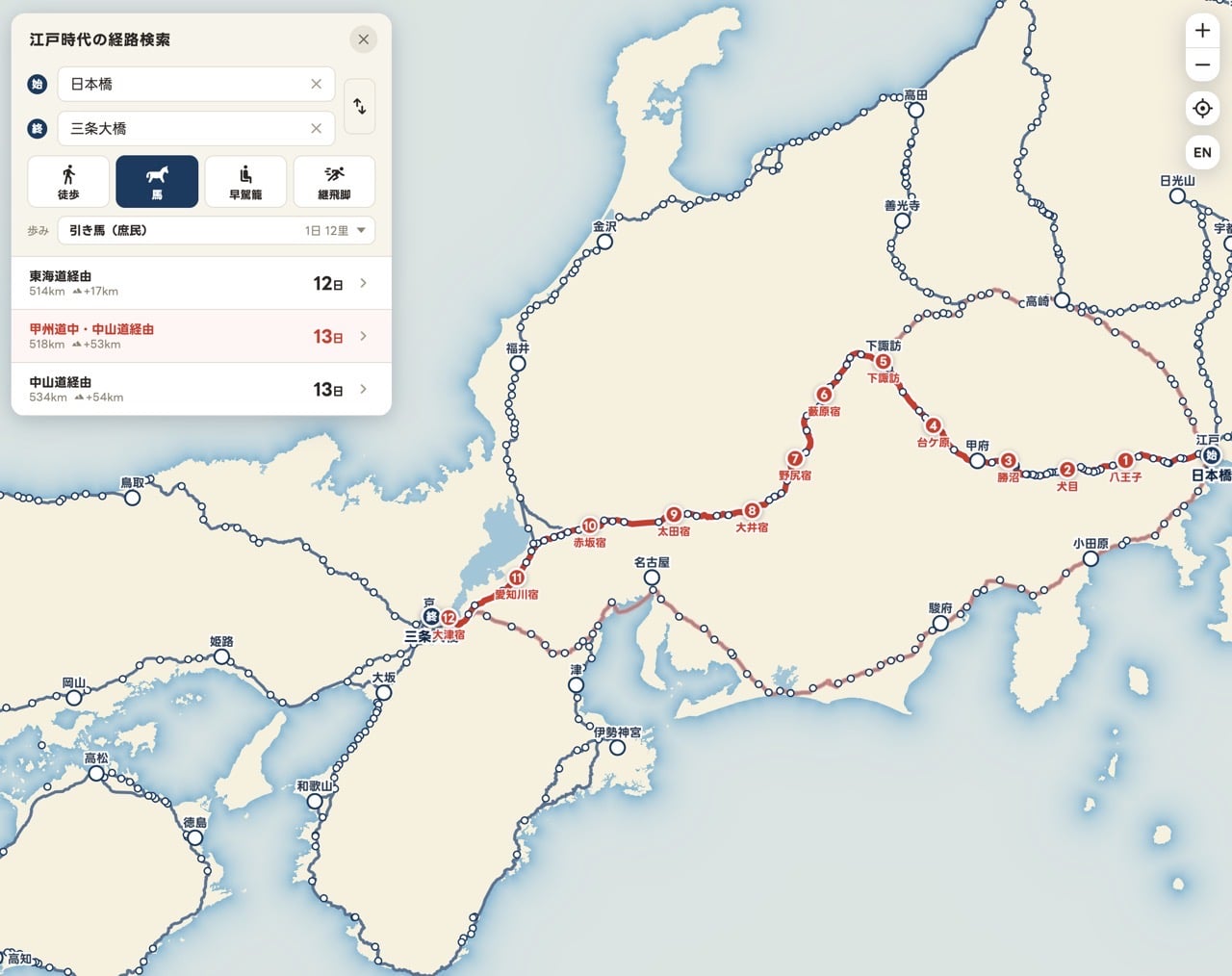 候選路線的距離與天數