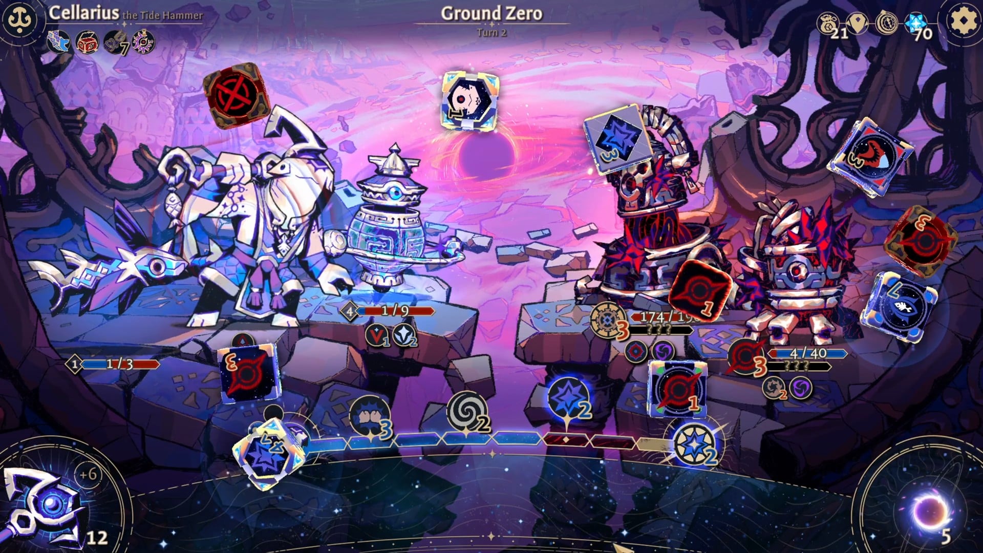 《Astrea: Six-Sided Oracles》戰鬥畫面，玩家的神諭者與哨兵在紫色星空戰場上對抗被腐化的敵人