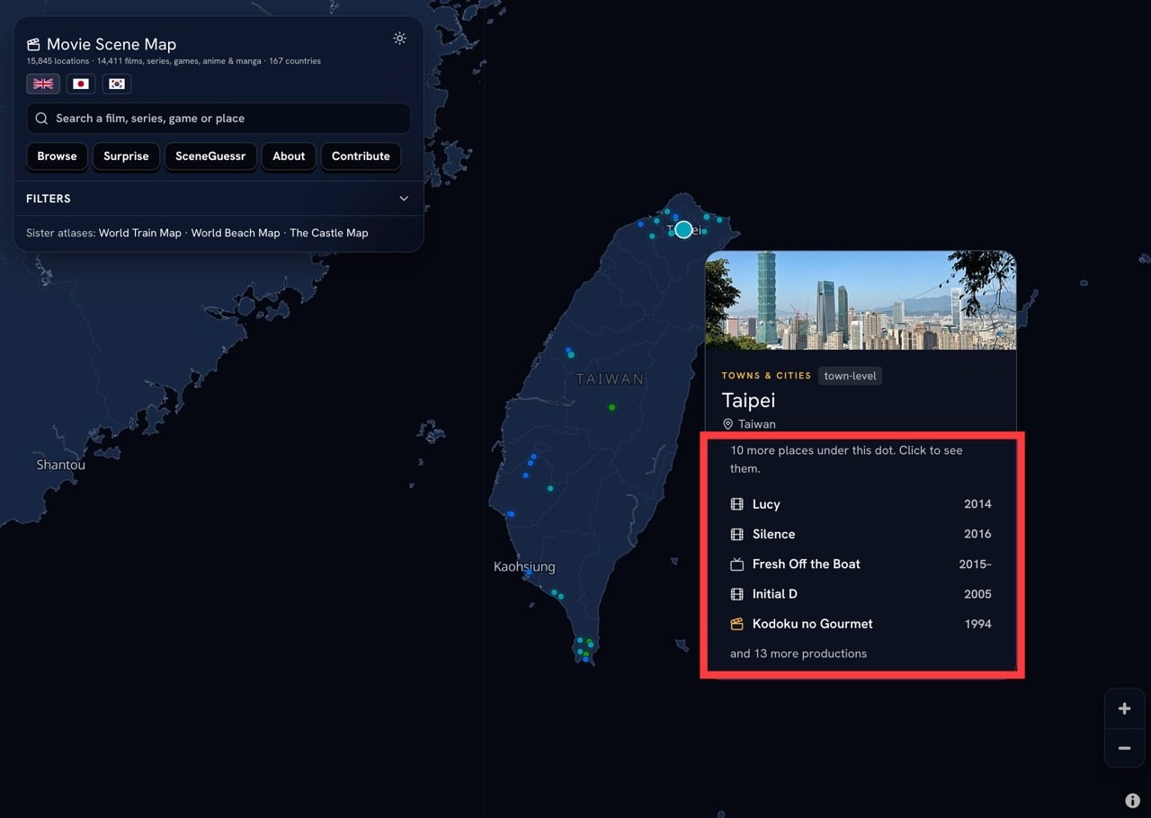Movie Scene Map 電影場景地圖，查詢全球超過 15,000 個真實取景地點