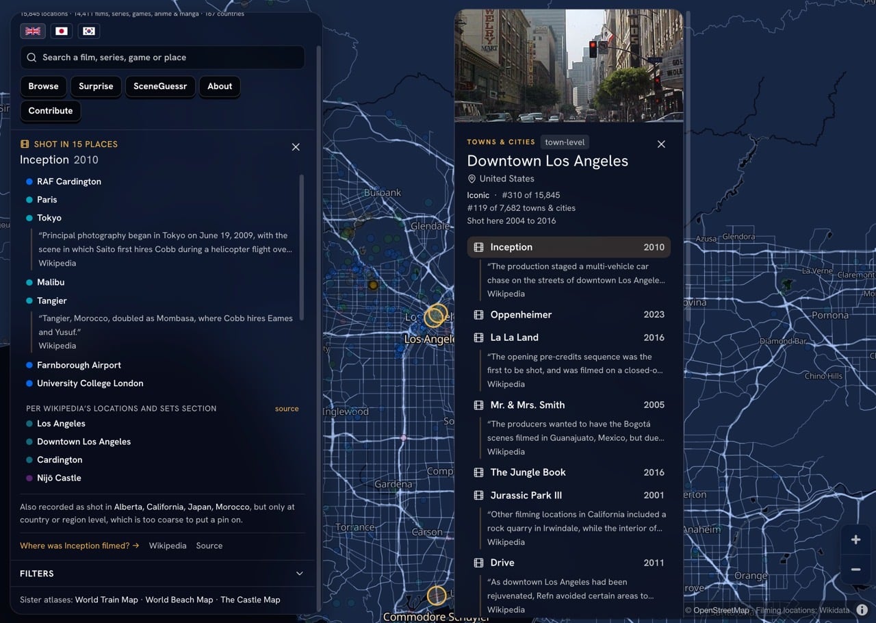 Movie Scene Map 電影場景地圖，查詢全球超過 15,000 個真實取景地點