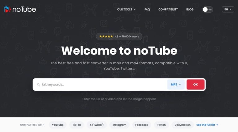 noTube 免費線上影片下載工具，支援 YouTube、TikTok、IG 等超過 1300 個平台轉 MP3、MP4