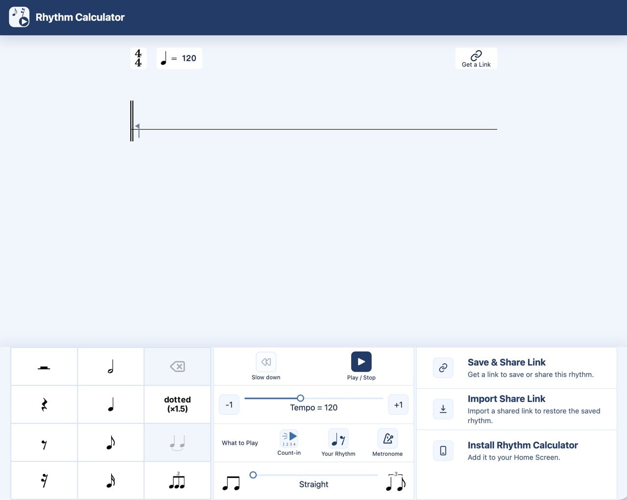 Rhythm Calculator 開啟後的操作主畫面，左側為音符與休止符輸入面板，中間是空白譜面，右側有播放控制與分享連結選項
