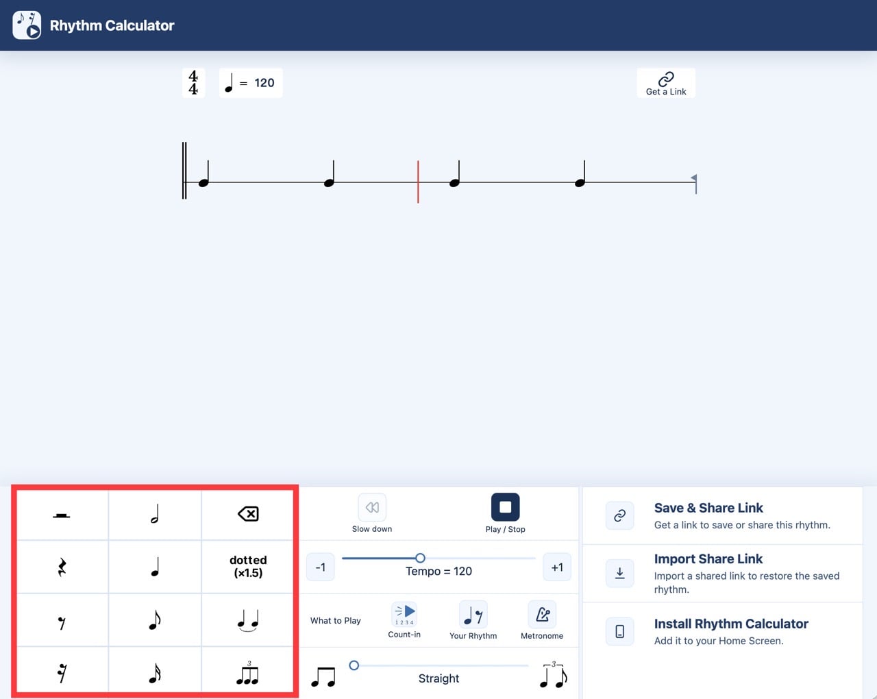 在 Rhythm Calculator 的 Input 面板依序輸入音符後，譜面同步顯示對應的節奏記號
