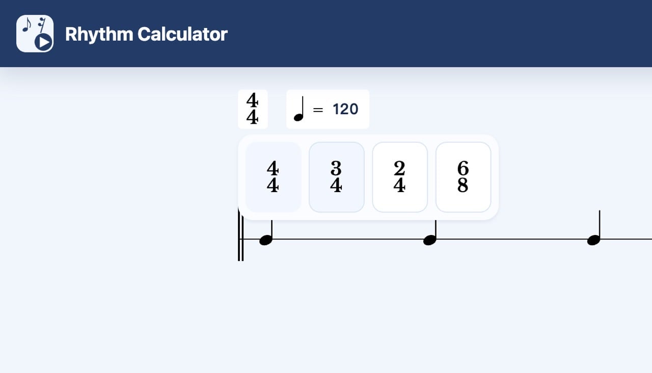 Rhythm Calculator 展開拍號選單，可切換 4／4、3／4、2／4 或 6／8 拍