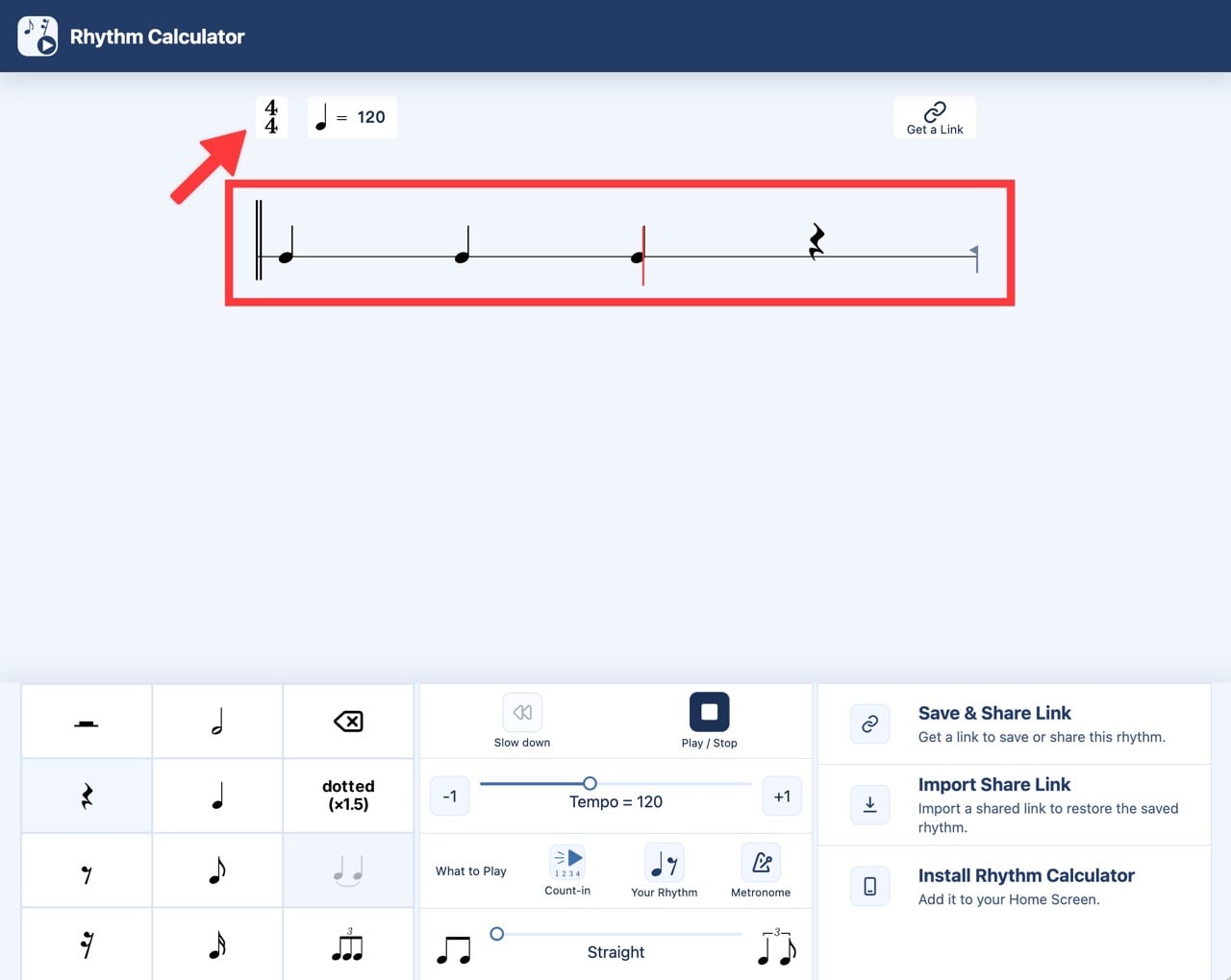 Rhythm Calculator 以紅色箭頭指向 4／4 拍號，並用紅框標示輸入完成後畫面顯示的節奏，方便比對原譜時值