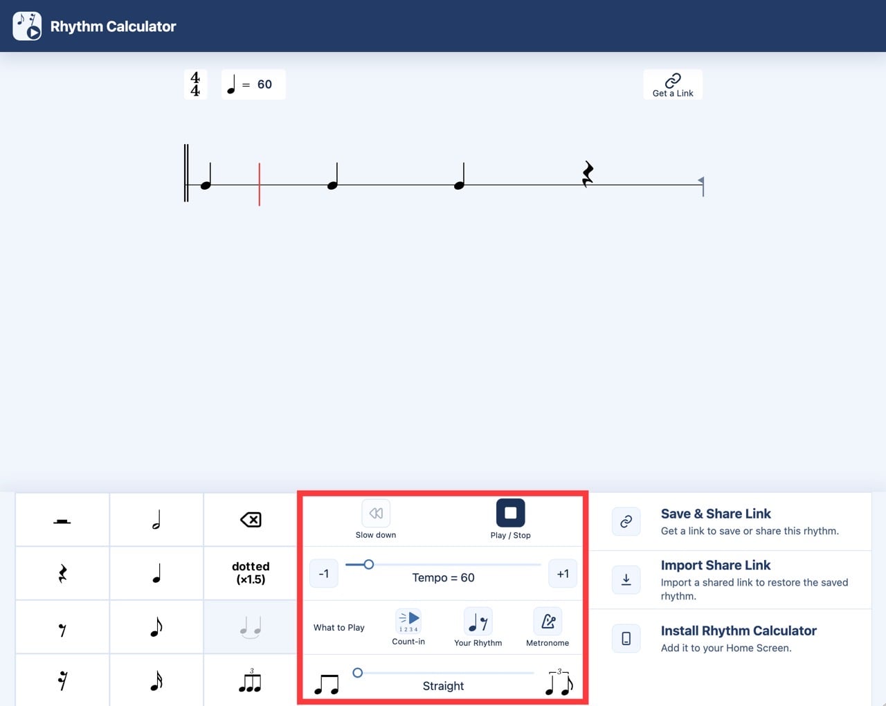 Rhythm Calculator 的播放控制區，以紅框標示 BPM 調整（顯示 60）、What to Play 的倒數、節奏提示、節拍器與 swing 設定