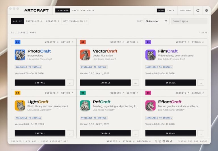 ArtCraft Launcher 一鍵安裝 12 款免費開源 Adobe 替代軟體，Craft Apps 安裝與更新教學