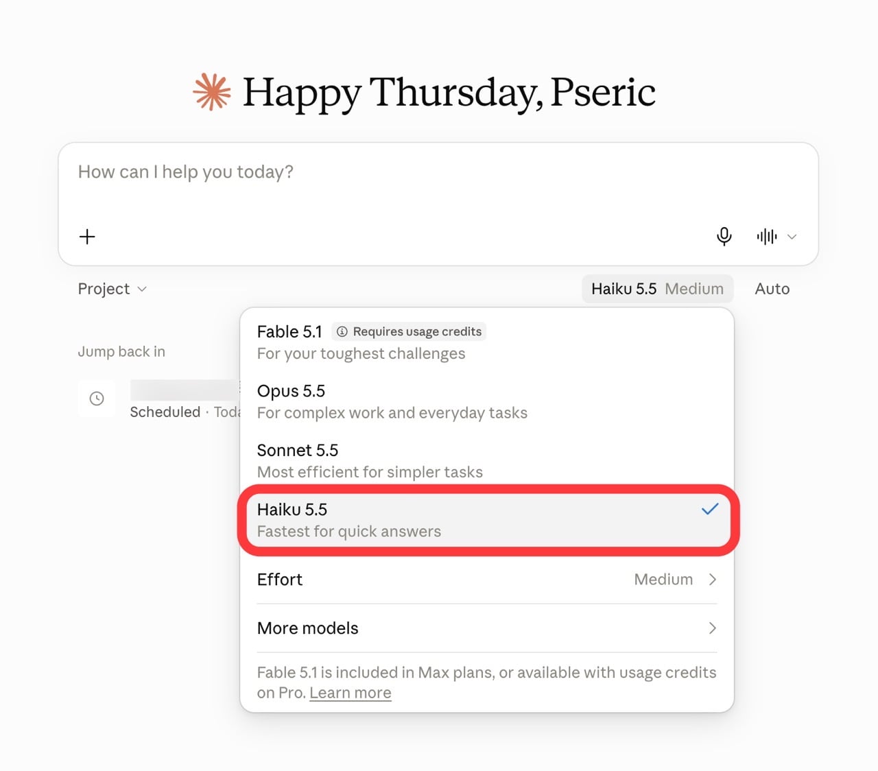 從 Claude App 選單切換為 Haiku 5.5 模型的畫面