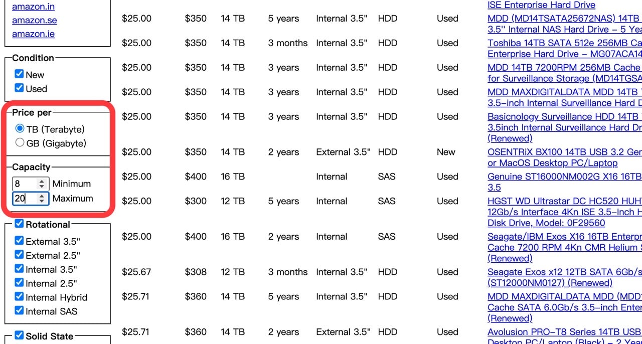 Disk Prices 設定 Price per 與 Capacity 範圍