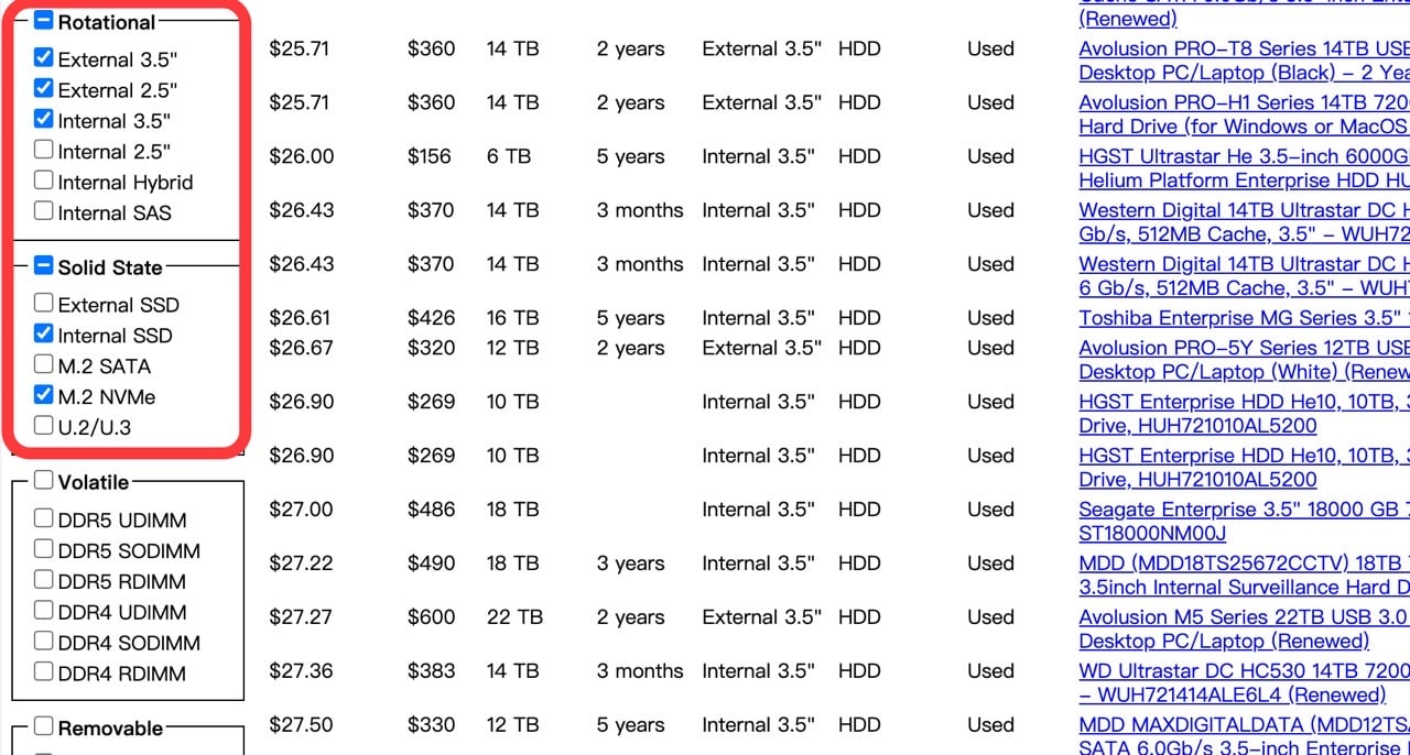 Disk Prices 勾選要比較的類型