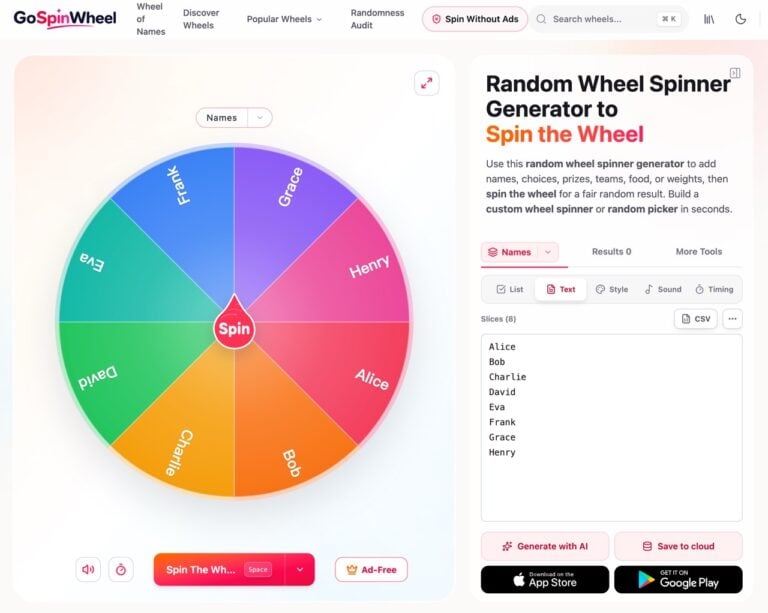 GoSpinWheel 免費線上輪盤抽籤，支援加權機率與淘汰模式