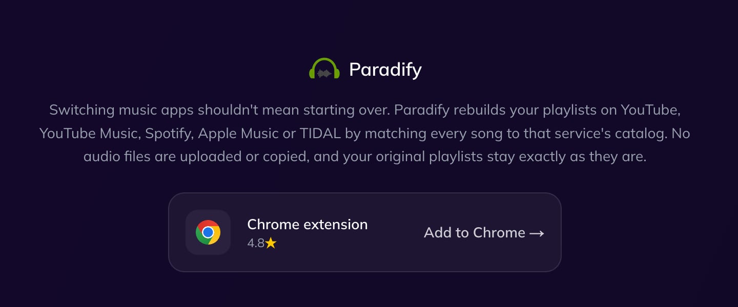 Paradify 免費音樂播放清單轉移工具,YouTube、Spotify、Apple Music、TIDAL 歌單搬家教學 1 Paradify 提供 Chrome 擴充功能,可將 YouTube 影片快速加入 Spotify