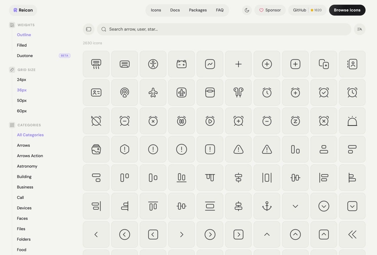 Reicon Browse Icons 圖示庫頁面