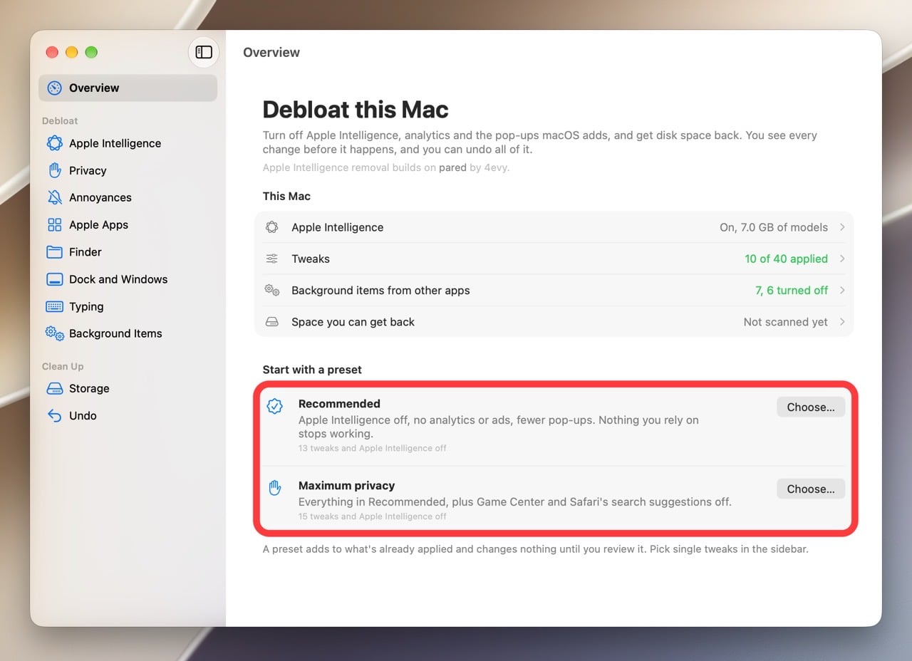 RemoveMacAI 預設方案與逐項設定畫面