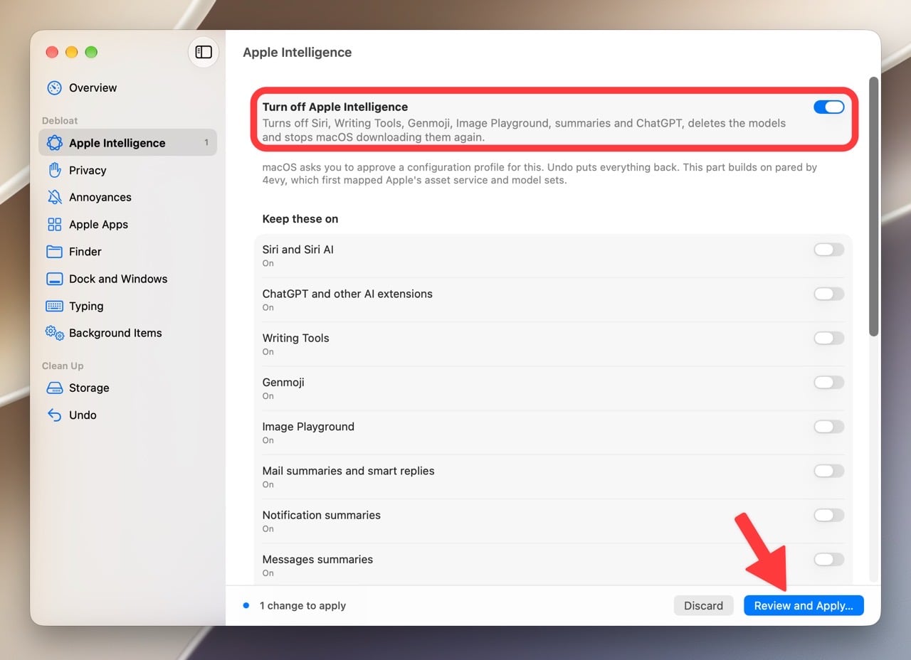 RemoveMacAI 的 Apple Intelligence 設定頁