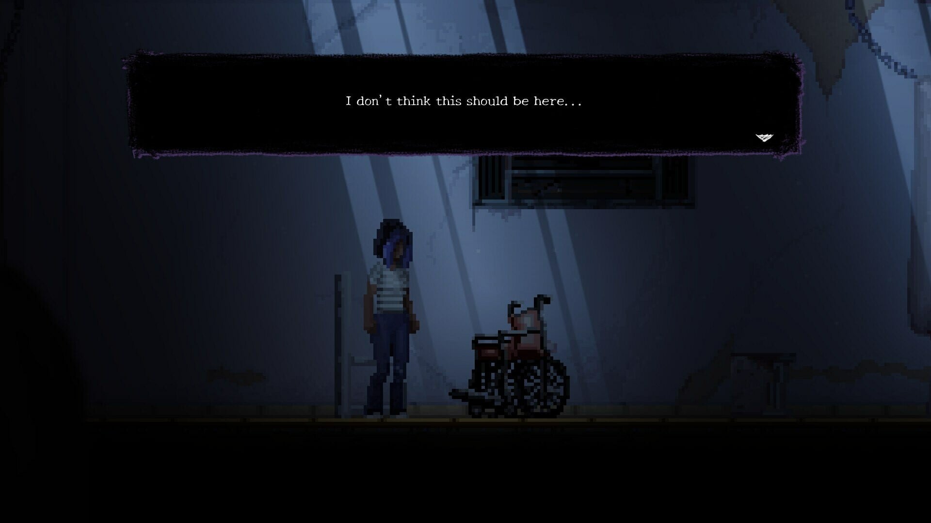 Steam 限時免費領取《Asleep: Act 1》,90 年代巴西背景的像素風心理恐怖冒險遊戲 2 Asleep: Act 1 遊戲畫面,昏暗場景中的角色與輪椅
