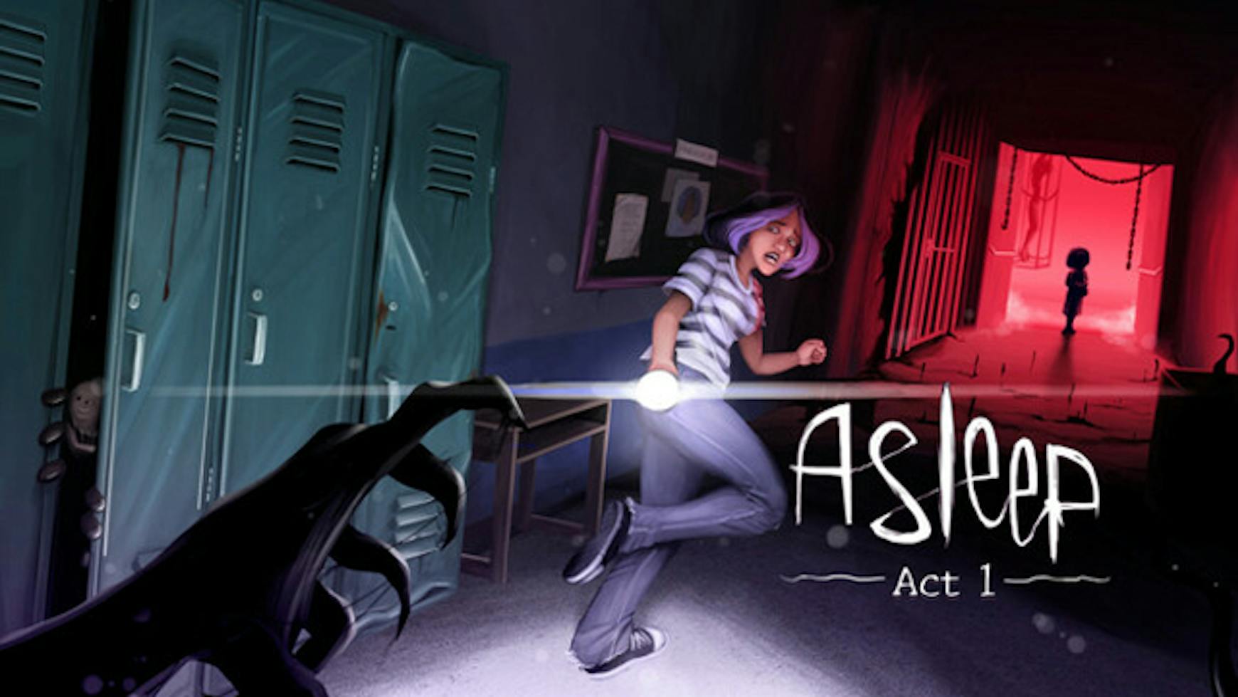 Steam 限時免費領取《Asleep: Act 1》,90 年代巴西背景的像素風心理恐怖冒險遊戲 1 Asleep: Act 1 遊戲主畫面,女孩手持手電筒面對怪物