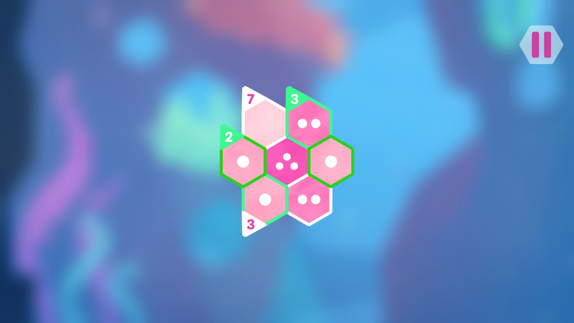 Hexologic 遊戲畫面，六角形圓點與邊緣數字
