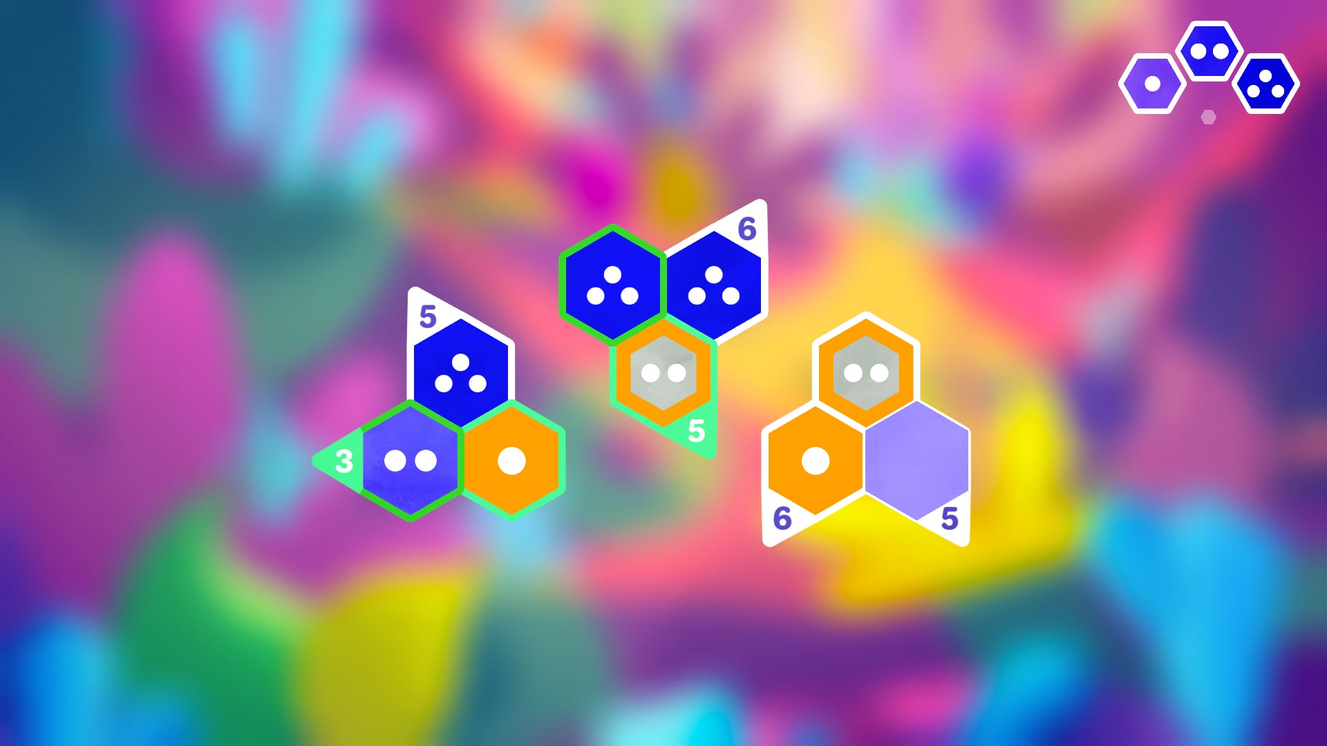 Hexologic 遊戲畫面，藍色與橘色的六角網格關卡