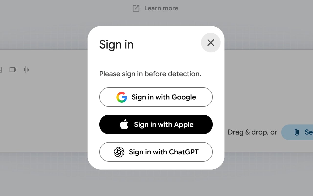 SynthID Detector 要求登入的視窗，可選擇 Google、Apple 或 ChatGPT 帳號