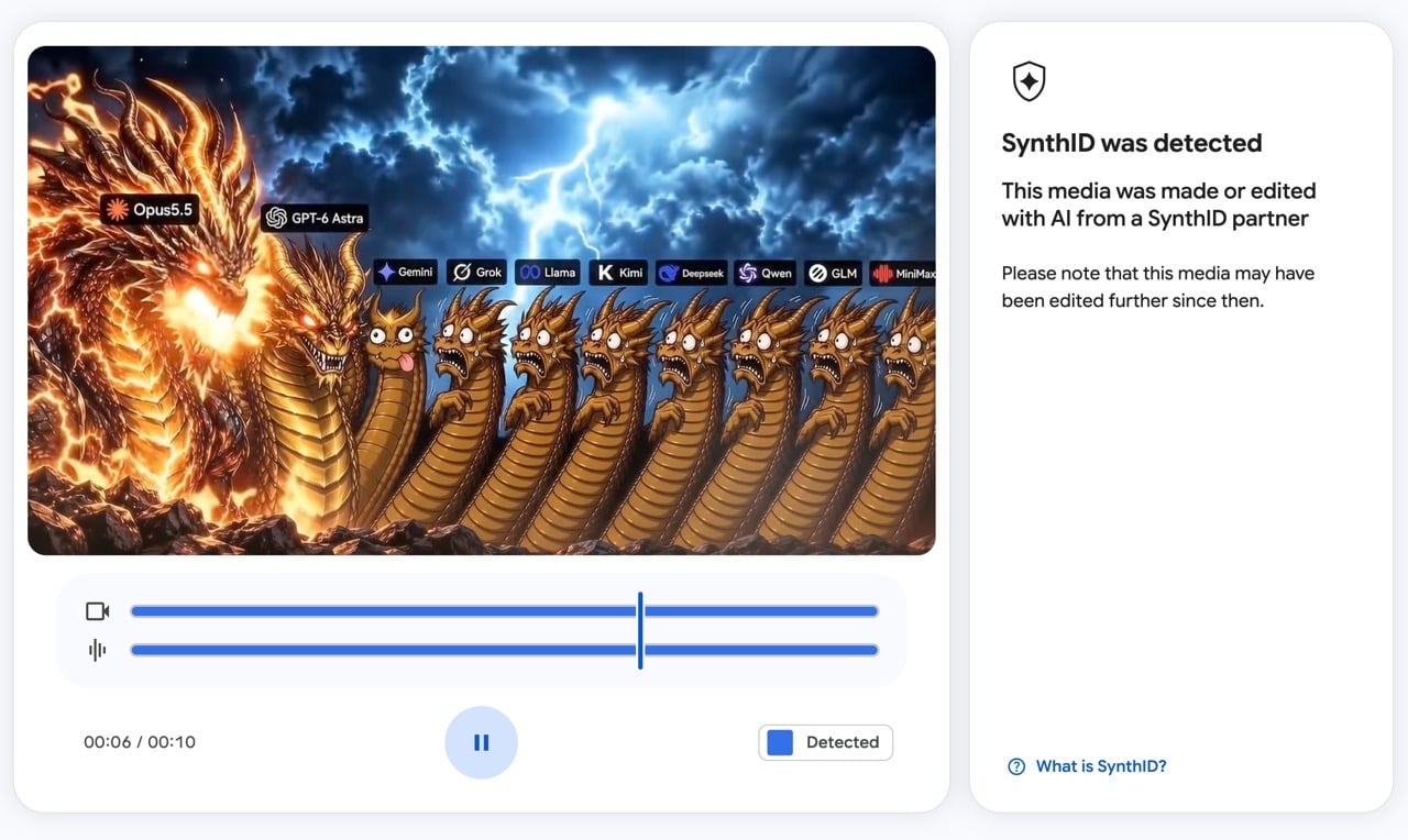 上傳影片的檢測結果，時間軸顯示影像與音訊整段都偵測到 SynthID 浮水印