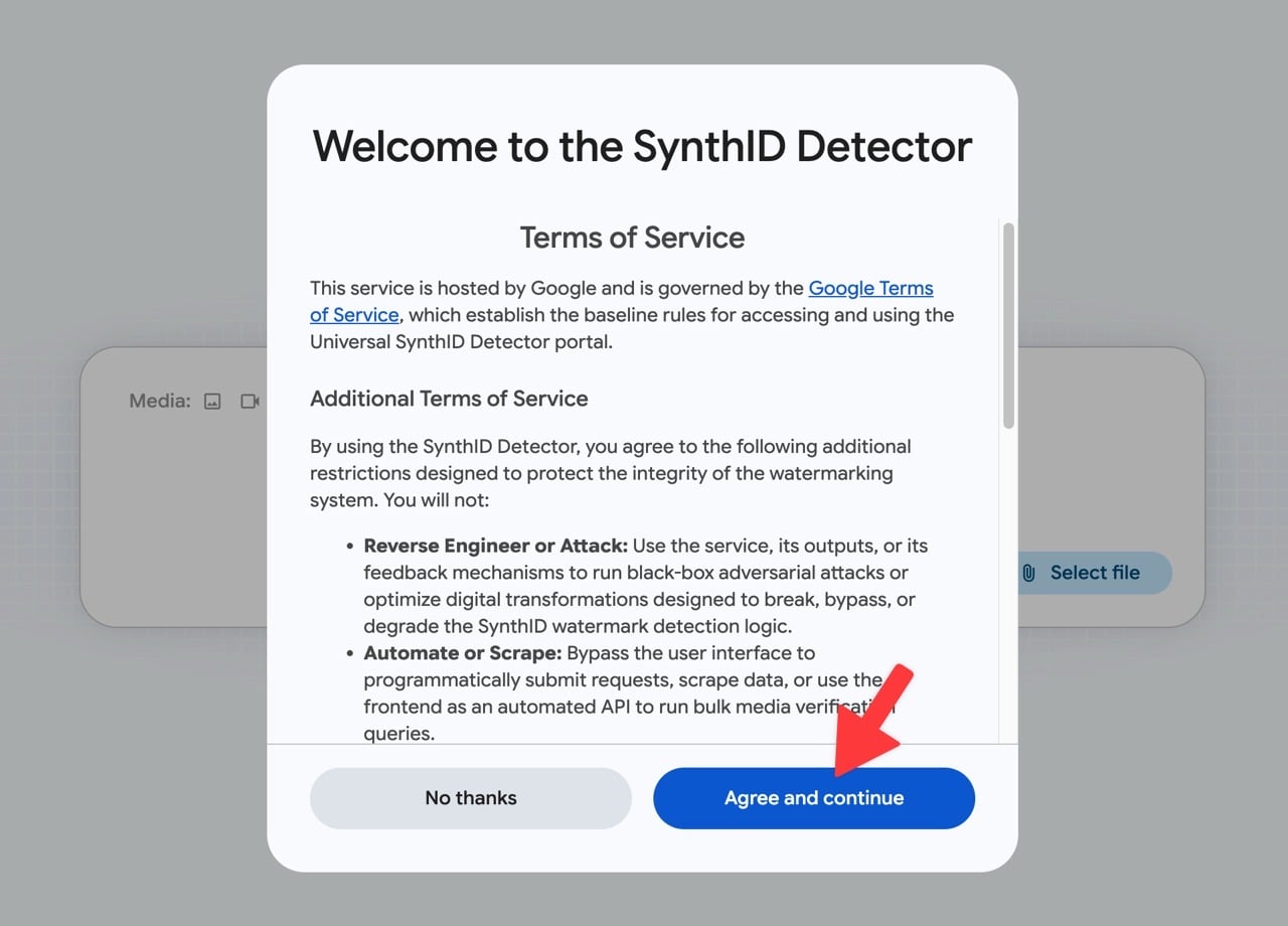 SynthID Detector 第一次使用的服務條款視窗，可點選 Agree and continue